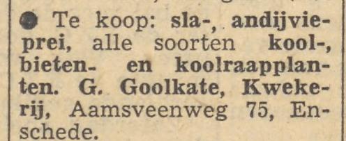Aamsveenweg 75 kwekerij G. Goolkate advertentie Tubantia 11-6-1957.jpg