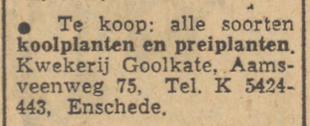 Aamsveenweg 75 kwekerij Goolkate advertentie Tubantia 25-6-1952.jpg