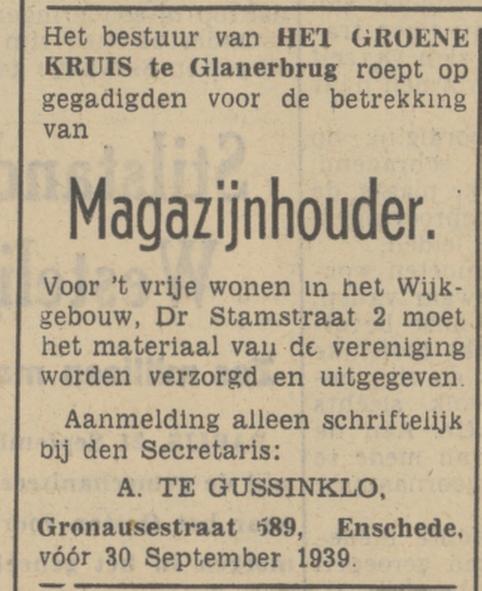Dr. Stamstraat 2 Het Groene Kruis advertentie Tubantia 21-9-1939.jpg