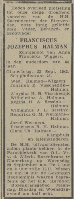 Schipholtstraat 23 F.J. Halman overlijdensadvertentie Twentsch nieuwsblad 27-9-1943.jpg
