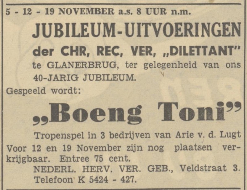 Veldstraat 3 Glanerbrug Vereenigingsgebouw Ned. Herv. Gemeente advertentie Tubantia 2-11-1949.jpg