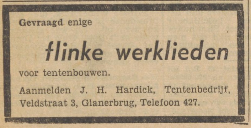 Veldstraat 3 Tentenbedrijf J.H. Hardick advertentie Tubantia 24-5-1956.jpg