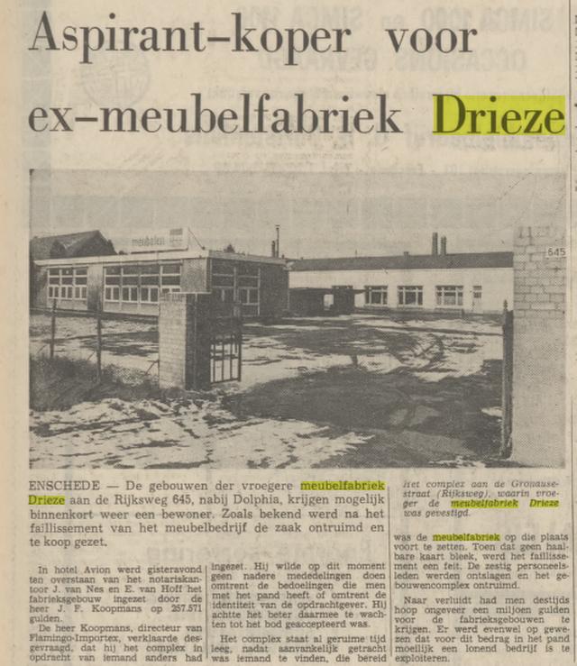 Rijksweg 645 Dolphia meubelfabriek Drieze krantenbericht Tubantia 3-3-1971.jpg