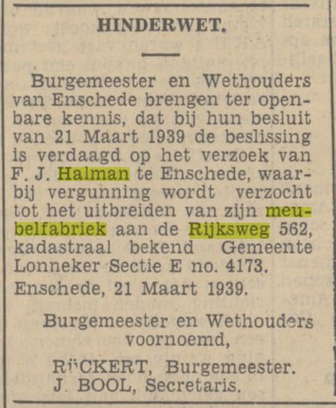 Rijksweg 562 meubelfabriek F.J. Halman Hinderwet advertentie Tubantia 21-3-1939.jpg