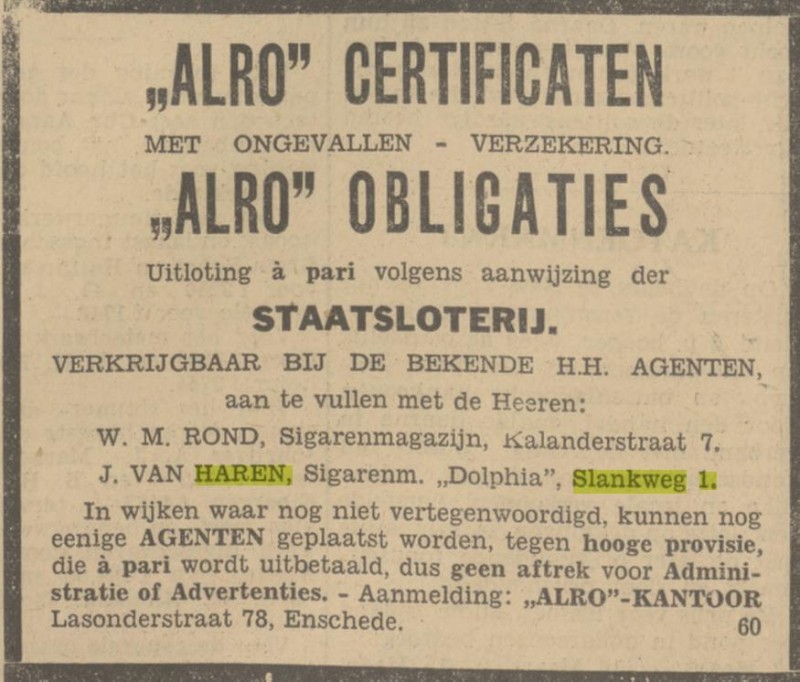 Slankweg 1 Sigarenmagazijn Dolphia J. van Haren advertentie Tubantia 18-3-1932.jpg