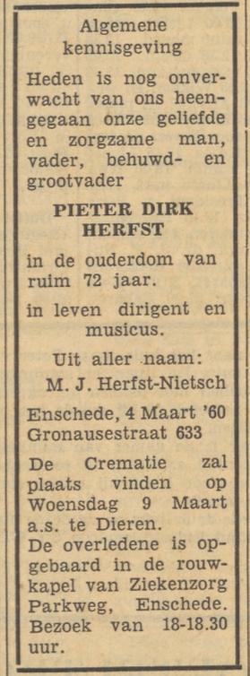Gronausestraat 633 P.D. Herfst dirigent musicus overlijdensadvertentie Tubantia 5-3-1960.jpg
