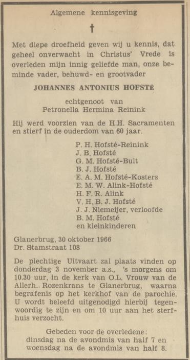 Dr. Stamstraat 108 J.A. Hofste overlijdensadvertentie Tubantia 1-11-1966.jpg