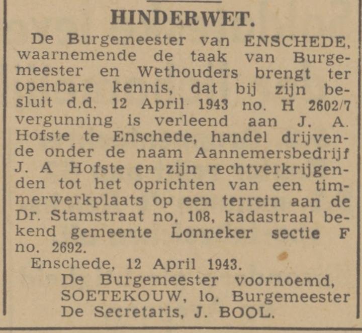 Dr. Stamstraat 108 Aannemersbedrijf J.A. Hofste krantenbericht Twentsch nieuwsblad 13-4-1943.jpg