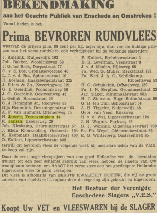 Transvaalplein 44 slagerij H. Jansen advertentie Tubantia 24-5-1950.jpg