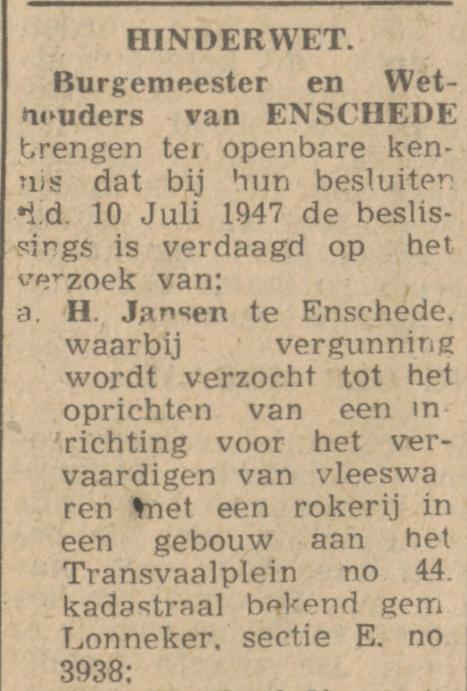 Transvaalplein 44 slagerij H. Jansen krantenbericht Tubantia 12-7-1947.jpg