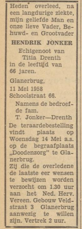 Schoolstraat 66 H. Jonker overlijdensadvertentie Tubantia 12-5-1958.jpg