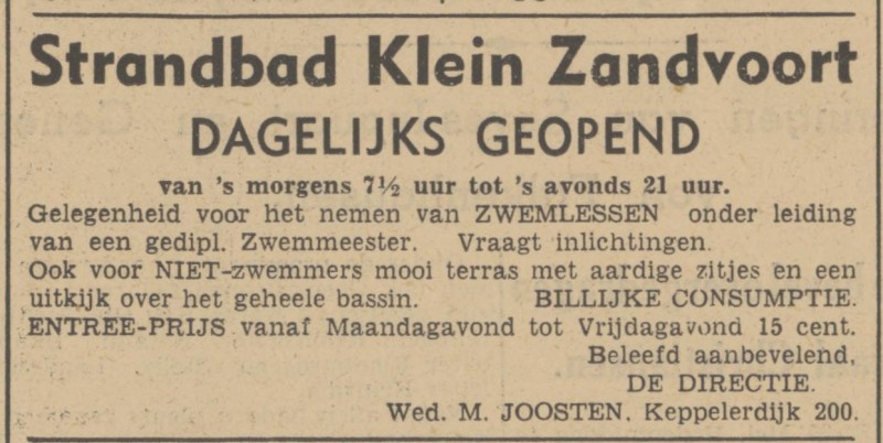Keppelerdijk 200 M. Joosten strandbad Klein Zandvoort advertentie Tubantia 29-5-1940.jpg