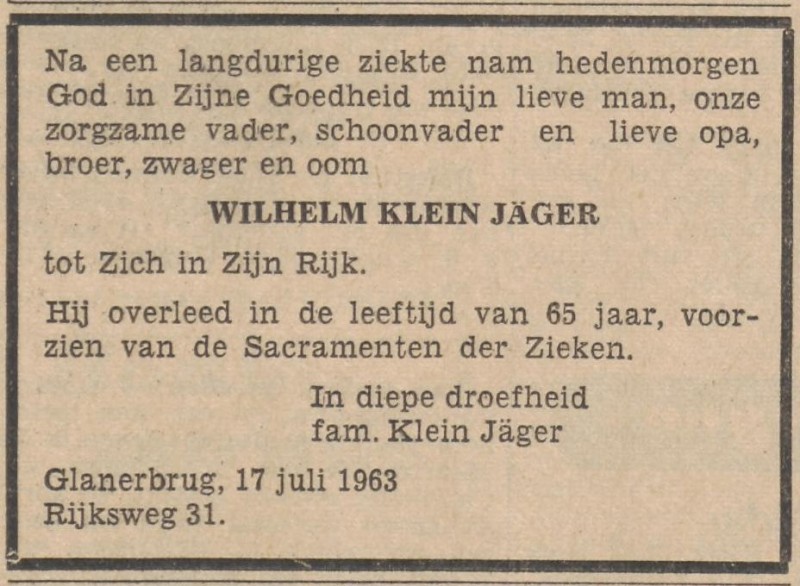Rijksweg 31 W. Klein Jäger overlidensadvertentie Tubantia 18-7-1963.jpg