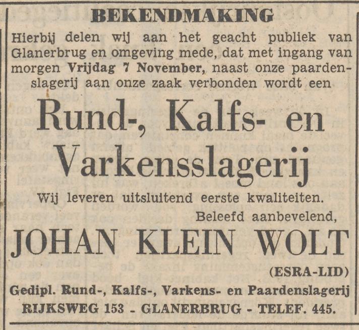 Rijksweg 153 Paardenslagerij Johan Klein Wolt advertentie Tubantia 6-11-1952.jpg