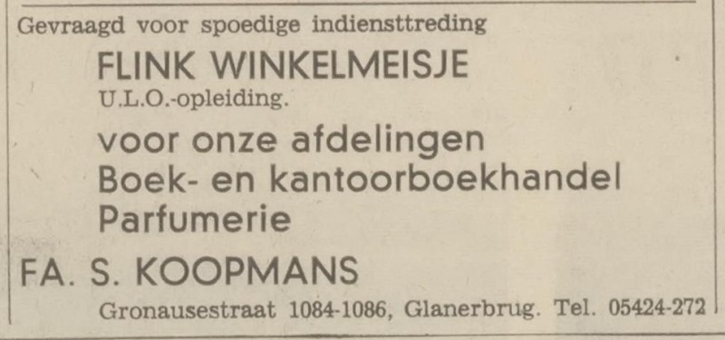 Gronausestraat 1084-1086 Fa. S. Koopmans advertentie Tubantia 5-4-1966.jpg