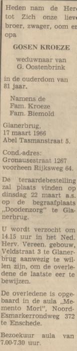 Abel Tasmanstraat 5 G. Kroeze overlijdensadvertentie Tubantia 18-3-1966.jpg