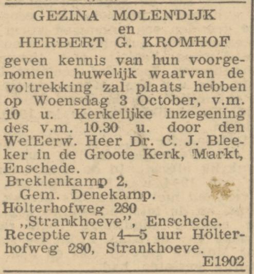 Hölterhofweg 280 Strankhoeve H.G. Kromhof advertentie Trouw 22-9-1945.jpg