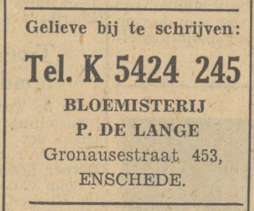 Gronausestraat 453 Bloemisterij P. de Lange advertentie Tubantia 11-5-1949.jpg