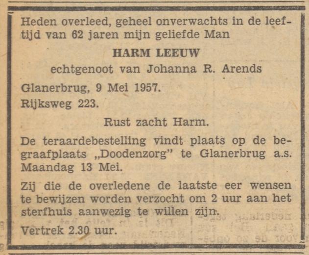 Rijksweg 223 Harm Leeuw overlijdensadvertentie Tubantia 10-5-1957.jpg