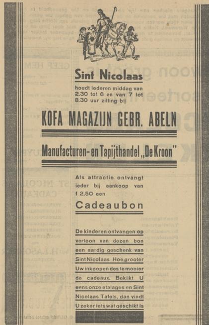 Haverstraat 27 Kofa magazijn Gebr. Abeln Sinterklaasadvertentie Tubantia 1-12-1930.jpg