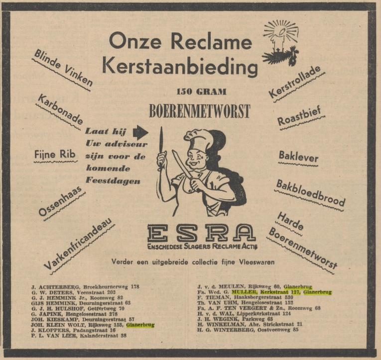 Kerkstraat 127 Wed. G. Muller Esra slagerij advertentie Tubantia 10-12-1956.jpg