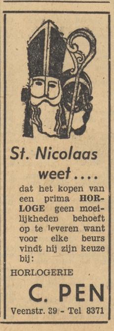 Veenstraat 39 Horlogeire C. Pen sinterklaasadvertentie Tubantia 24-11-1954.jpg