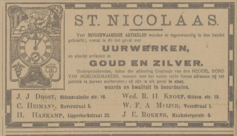 Veenstraat 1 W.F.A. Meijer, Haaksbergerstraat 3 J.E. Rokker, Oldenzaalsestraat 15 Wed. R.H. Knoef, Lipperkerkstraat 22 H. Hankamp,  Sinterklaasadvertentie Tubantia 29-11-1916.jpg