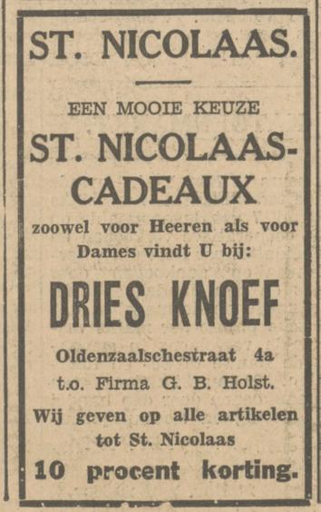 Oldenzaalsestraat 4a Dries Knoef sinterklaasadvertentie Tubantia 27-11-1931.jpg