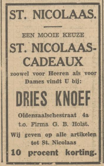 Oldenzaalsestraat 4a Dries Knoef sinterklaasadvertentie Tubantia 27-11-1931.jpg