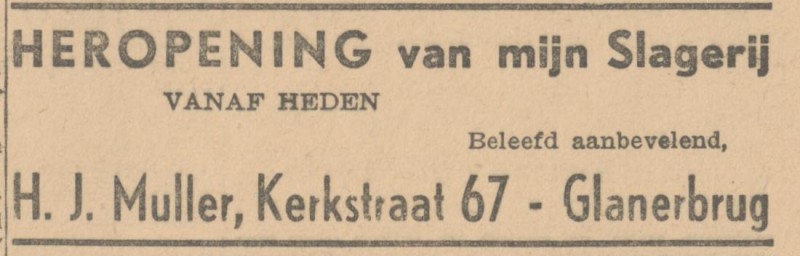 Kerkstraat 67 slagerij H.J. Muller advertentie Twentsche Courant 21-4-1945.jpg