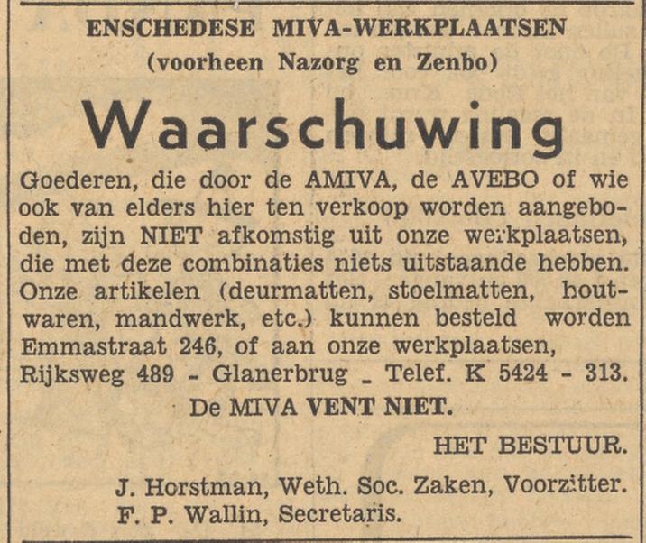 Rijksweg 489 Glanerbrug Enschedese Miva-werkplaatsen voorheen Nazorg advertentie Tubantia 6-11-1954.jpg