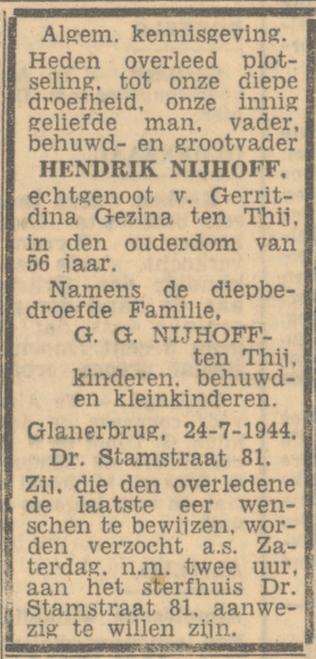 Dr. Stamstraat 81 H. Nijhoff overlijdensadvertentie Twentsch nieuwsblad 27-7-1944.jpg