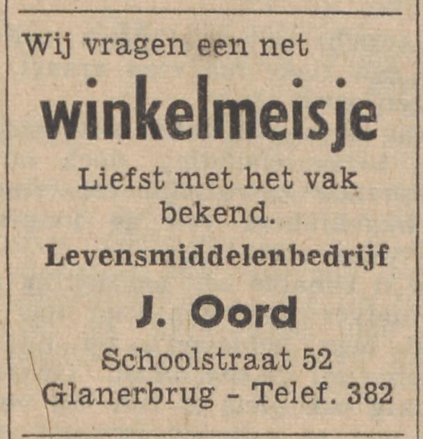 Schoolstraat 52 Levensmiddelenbedrijf J. Oord advertentie Tubantia 9-9-1963.jpg