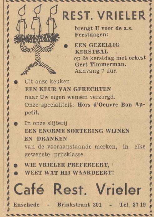 Brinkstraat 301 cafe restaurant Vrieler kerstadvertentie Tubantia 18-12-1962.jpg