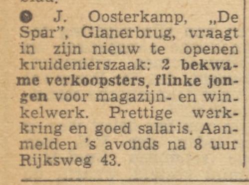 Rijksweg 43 kruidenierszaak De Spar J. Oosterkamp advertentie Tubantia 24-11-1954.jpg