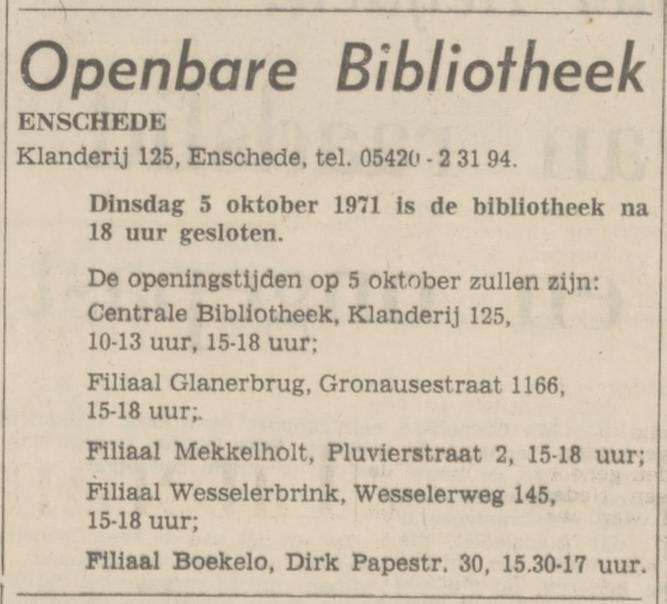 Gronausestraat 1166 Openbare bibliotheek filiaal Glanerbrug advertentie Tubantia 4-10-1971.jpg