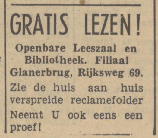 Rijksweg 69 Openbare Leeszaal en Bibliotheek filiaal Glanerbrug advertentie Tubantia 14-2-1951.jpg