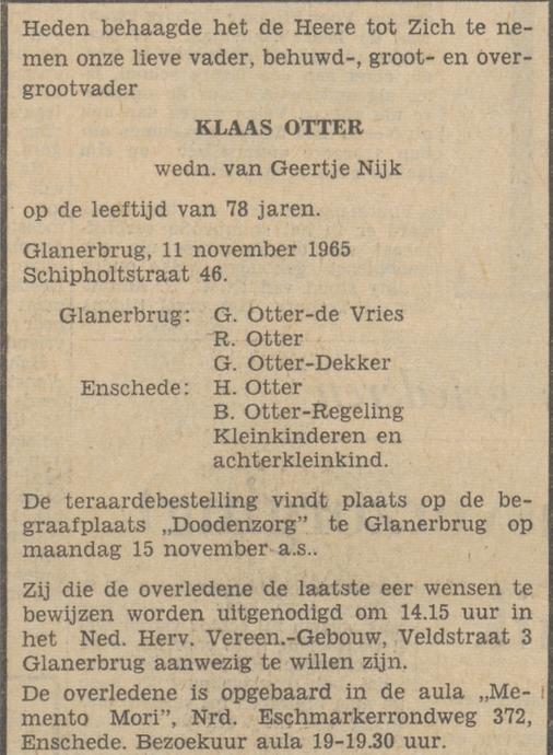 Schipholtstraat 46 Klaas Otter overlijdensadvertentie Tubantia 12-11-1965.jpg