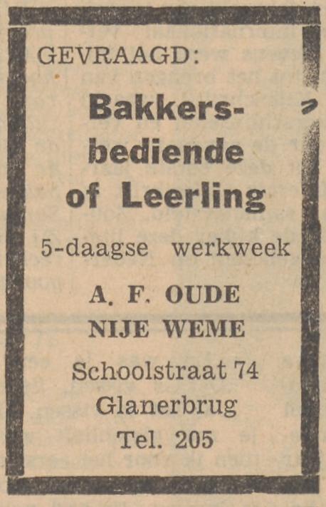 Schoolstraat 74 banketbakkerij A.F. Oude Bije Weme advertentie Tubantia 28-8-1965.jpg