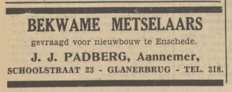 Schoolstraat 23 Aannemer J.J. Padberg advertentie Tubantia 12-7-1950.jpg