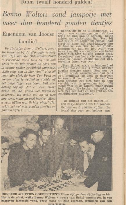 Oldenzaalsestraat 4b meubelzaak van Dijk vondst in schuilkelder. krantenbericht Tubantia 20-2-1953.jpg