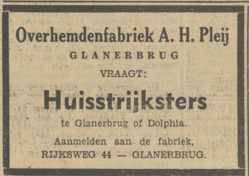 Rijksweg 44 Glanerbrug Overhemdenfabriek A.H. Pleij advertentie Tubantia 8-3-1951.jpg