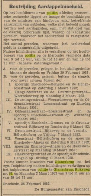 Rijksweg 67 hulpbureau van politie Glanerbrug advertentie Tubantia 28-2-1952.jpg
