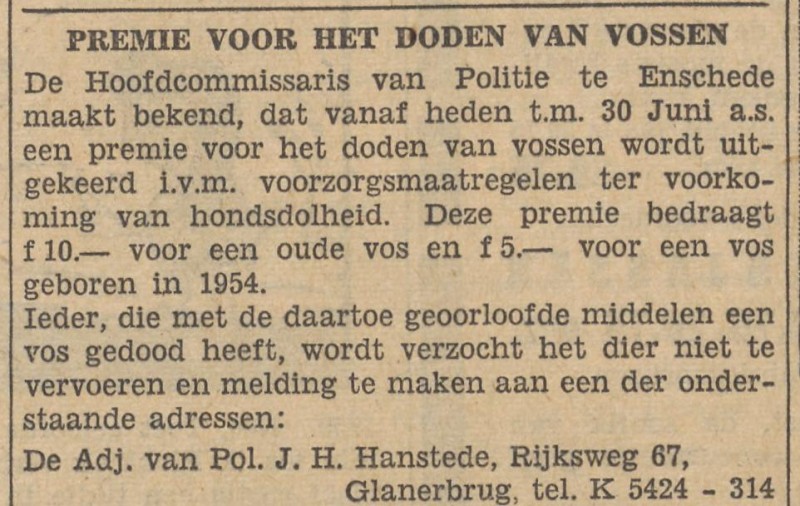 Rijksweg 67 adjudant van politie J.H. Hanstede advertentie Tubantia 15-4-1954.jpg