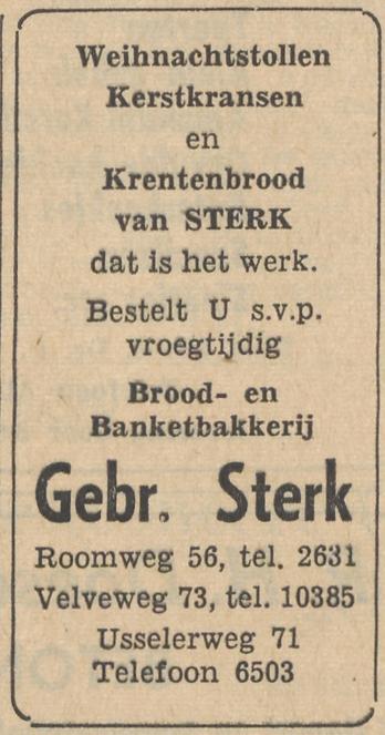 Roomweg 56 Bakkerij Gebr. Sterk kerstadvertentie Tubantia 19-12-1957.jpg