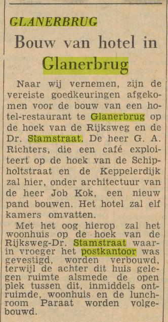 Rijksweg 43 hoek Dr. Stamstraat Glanerbrug vroeger postkantoor nu hotel krantenbericht Tubantia 16-4-1959.jpg
