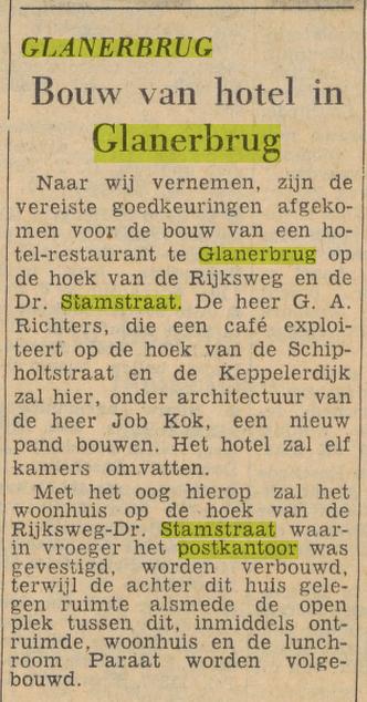 Rijksweg 43 hoek Dr. Stamstraat Glanerbrug vroeger postkantoor nu hotel krantenbericht Tubantia 16-4-1959.jpg