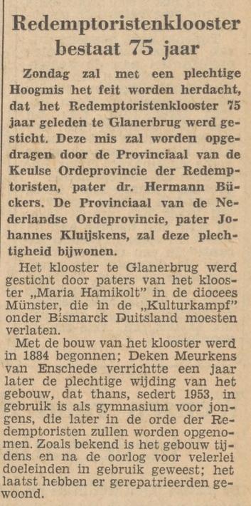 Rijksweg Glanerbrug Remptoristenklooster krantenbericht Tubantia 17-6-1960.jpg