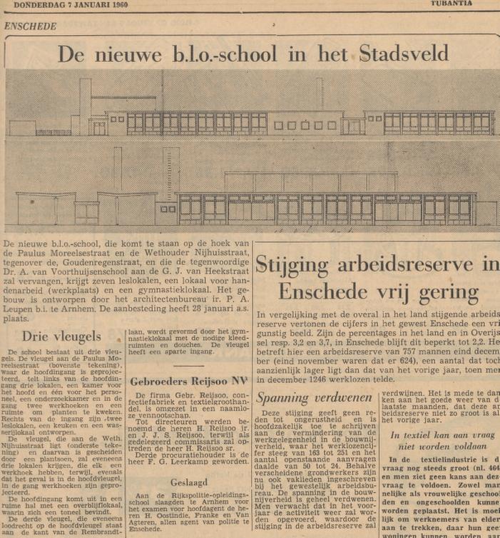 Paulus Moreelsestraat b.l.o. school krantenbericht Tubantia 7-1-1960.jpg