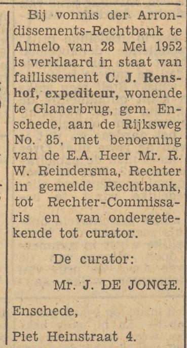 Rijksweg 85 C.J. Renshof expediteur advertentie Tubantia 4-6-1952.jpg